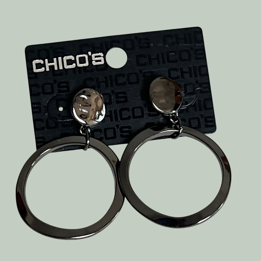 Chicos Gunmetal Grey Hammered Hoop Drop Earrings Hypoallergenic New